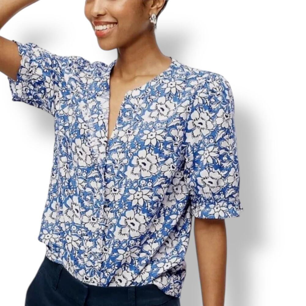 J.Crew Linen-blend Ruffle Top Floral Puff Sleeves Blue‎ XS Blue White